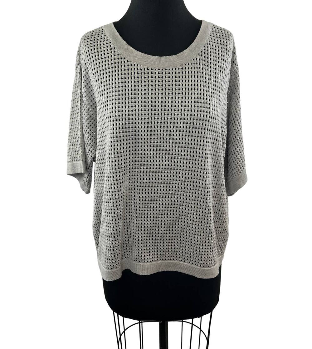 Nita Ideas Cotton-Blend Open-Knit Gray Cropped Boxy T-Shirt Tee Top Relaxed L
